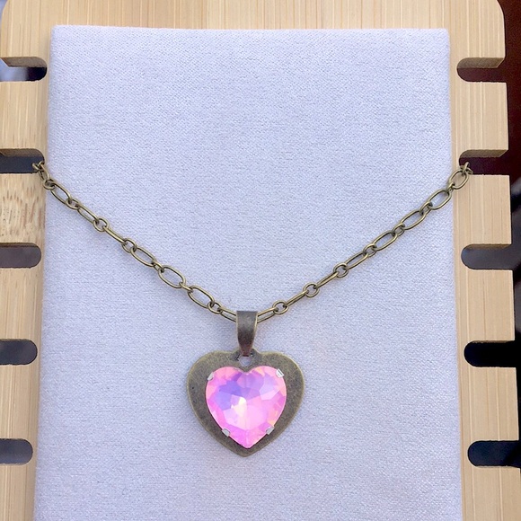 Pink Opal Aurora Borealis Crystal Heart Pendant Necklace - Picture 5 of 16